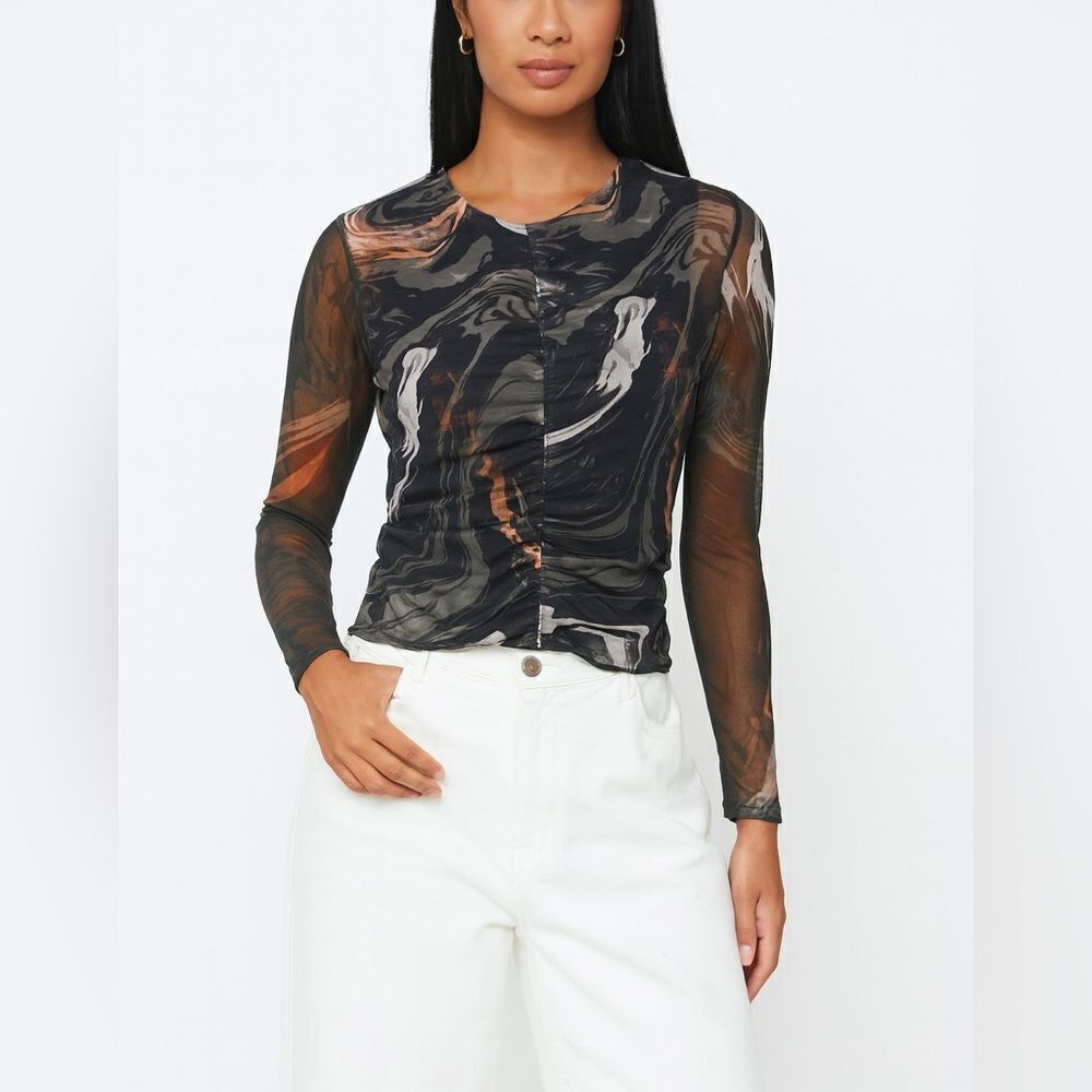 Bailey 44 Abstract Mesh Ruched Top – Long Sleeve, Sheer Print, Size M